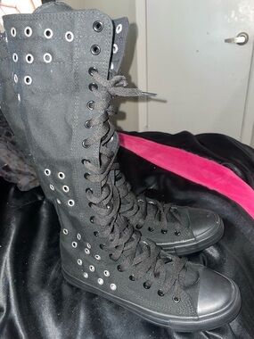 Black Lace-Up Knee High Canvas Boots